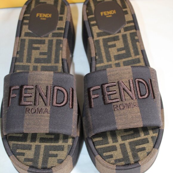 NWB FENDI Slide Tess Jacquard Sunshine Logo Platform Sandals Brown Stripe 40 - Picture 3 of 8